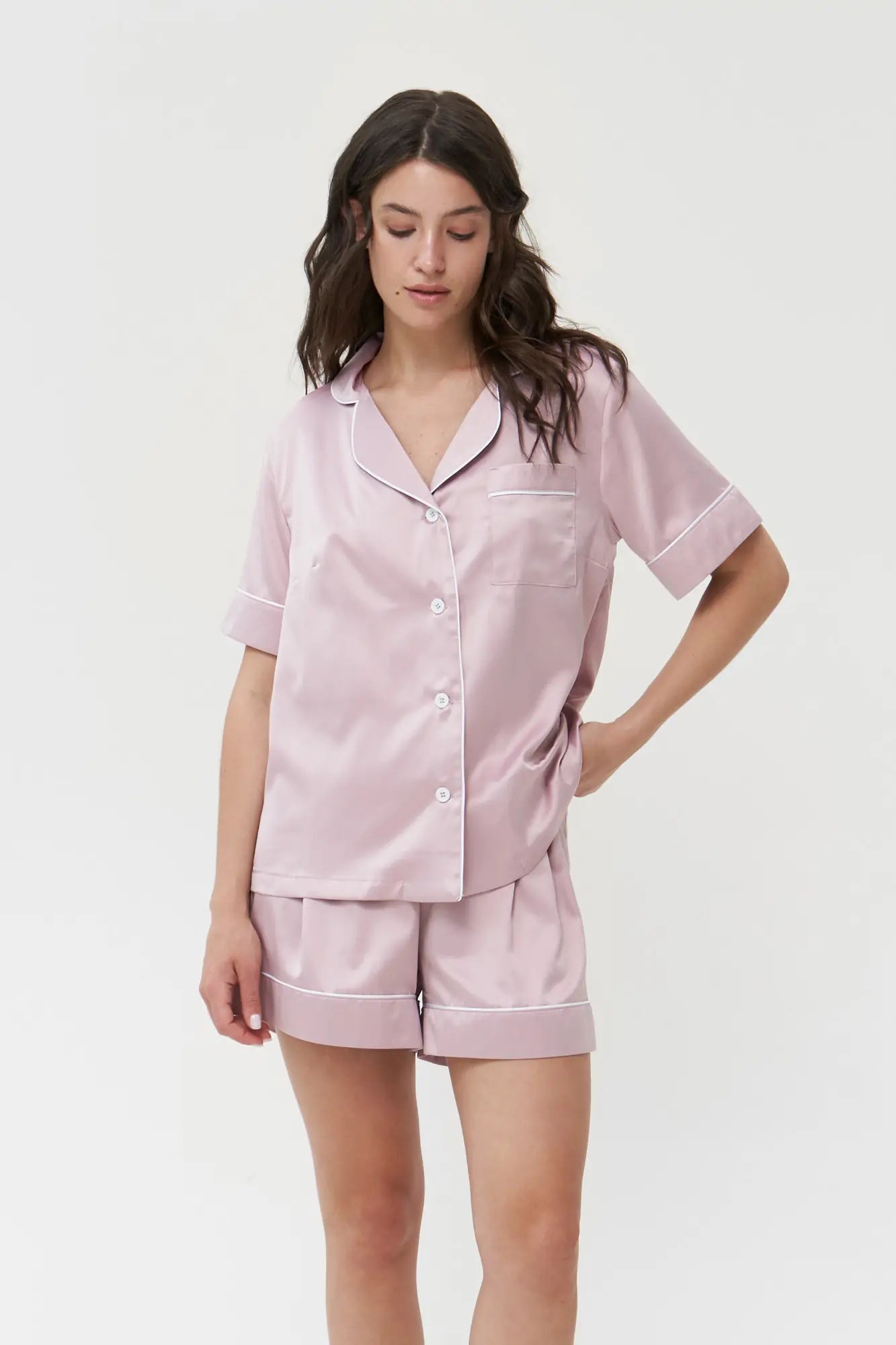 Shorts Set with Contrast Piping - Bella Babe by SK Nightsuit Nightdress Robes Silk Satin Nighty Gown Nightwear 