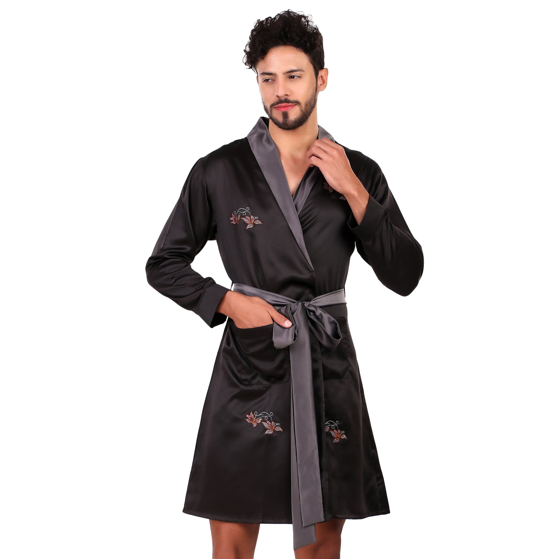 Embroidered Robe (Black) - Bella Babe by SK Nightsuit Nightdress Robes Silk Satin Nighty Gown Nightwear 