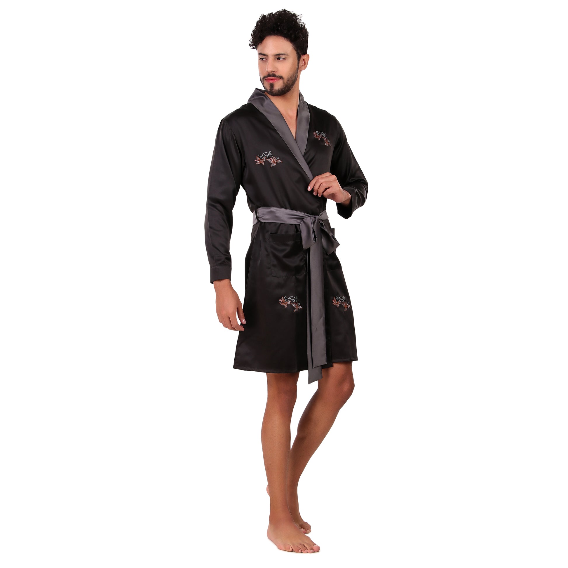 Embroidered Robe (Black) - Bella Babe by SK Nightsuit Nightdress Robes Silk Satin Nighty Gown Nightwear 