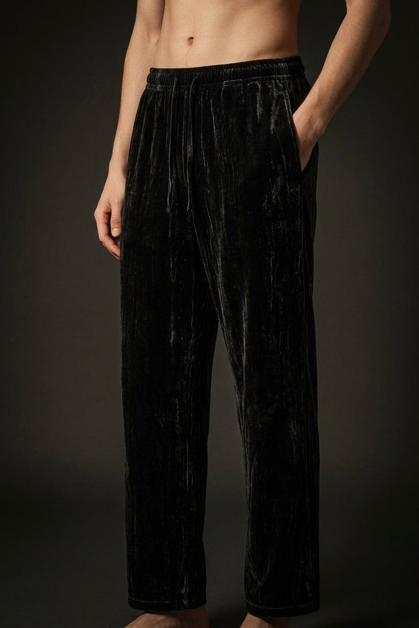 Velvet Lounge Pants for Men, Drawstring Straight-Fit Velvet Trouser, Black