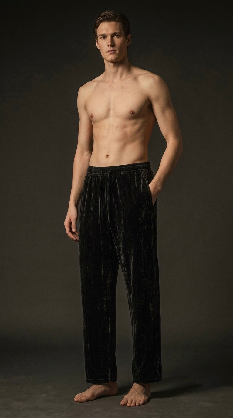 Velvet Lounge Pants for Men, Drawstring Straight-Fit Velvet Trouser, Black