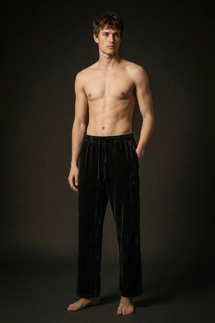 Velvet Lounge Pants for Men, Drawstring Straight-Fit Velvet Trouser, Black