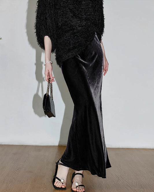 Italian Velvet Maxi Skirt for Women, Stretch Long Skirt, Black