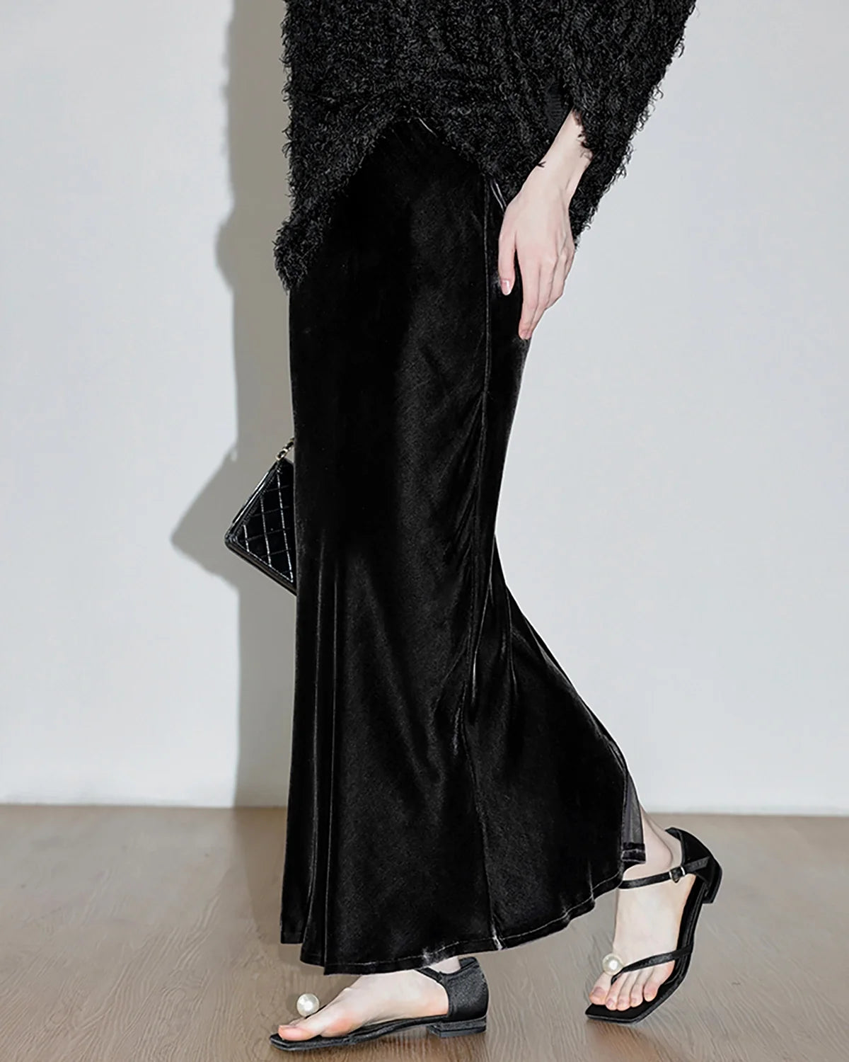 Italian Velvet Maxi Skirt for Women, Stretch Long Skirt, Black