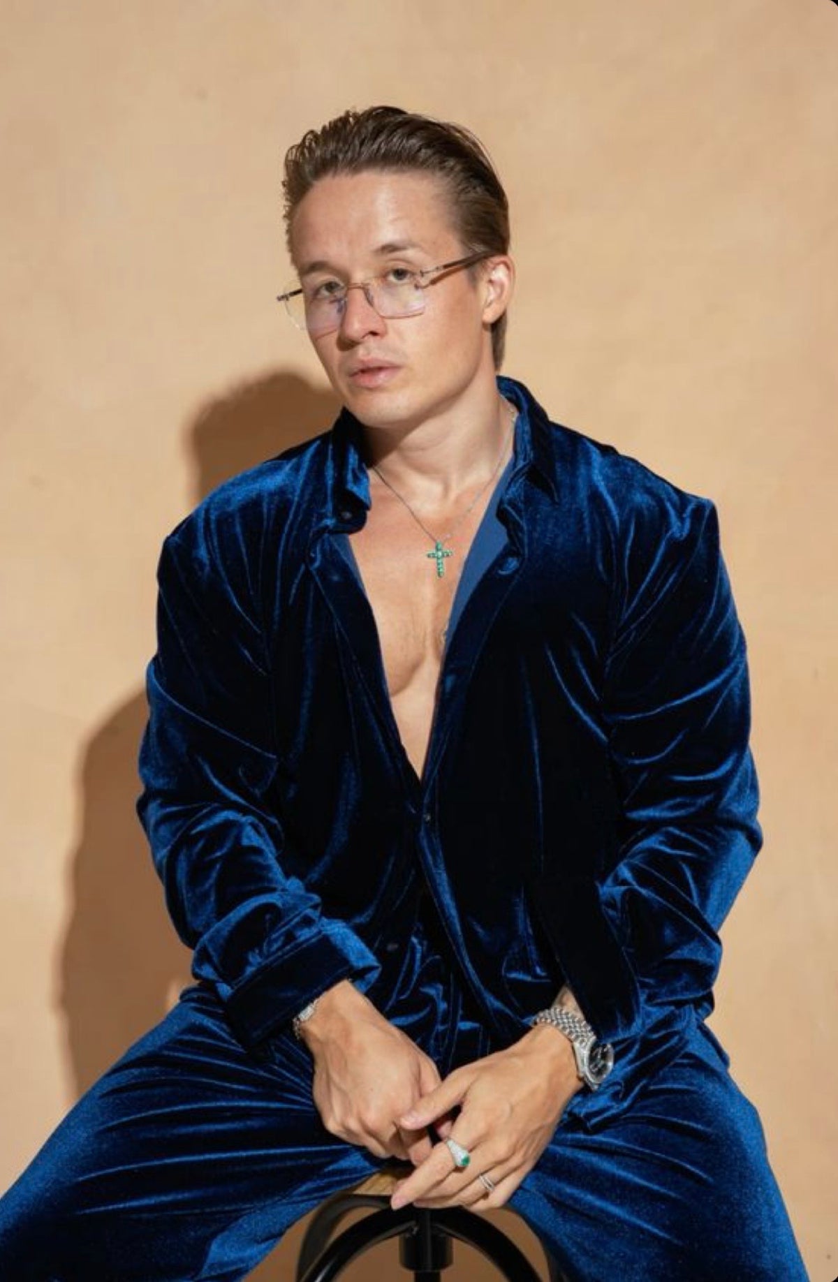 Italian Velvet Shirt & Trousers Co-ord Set for Men, Stretch Party Wear, Black