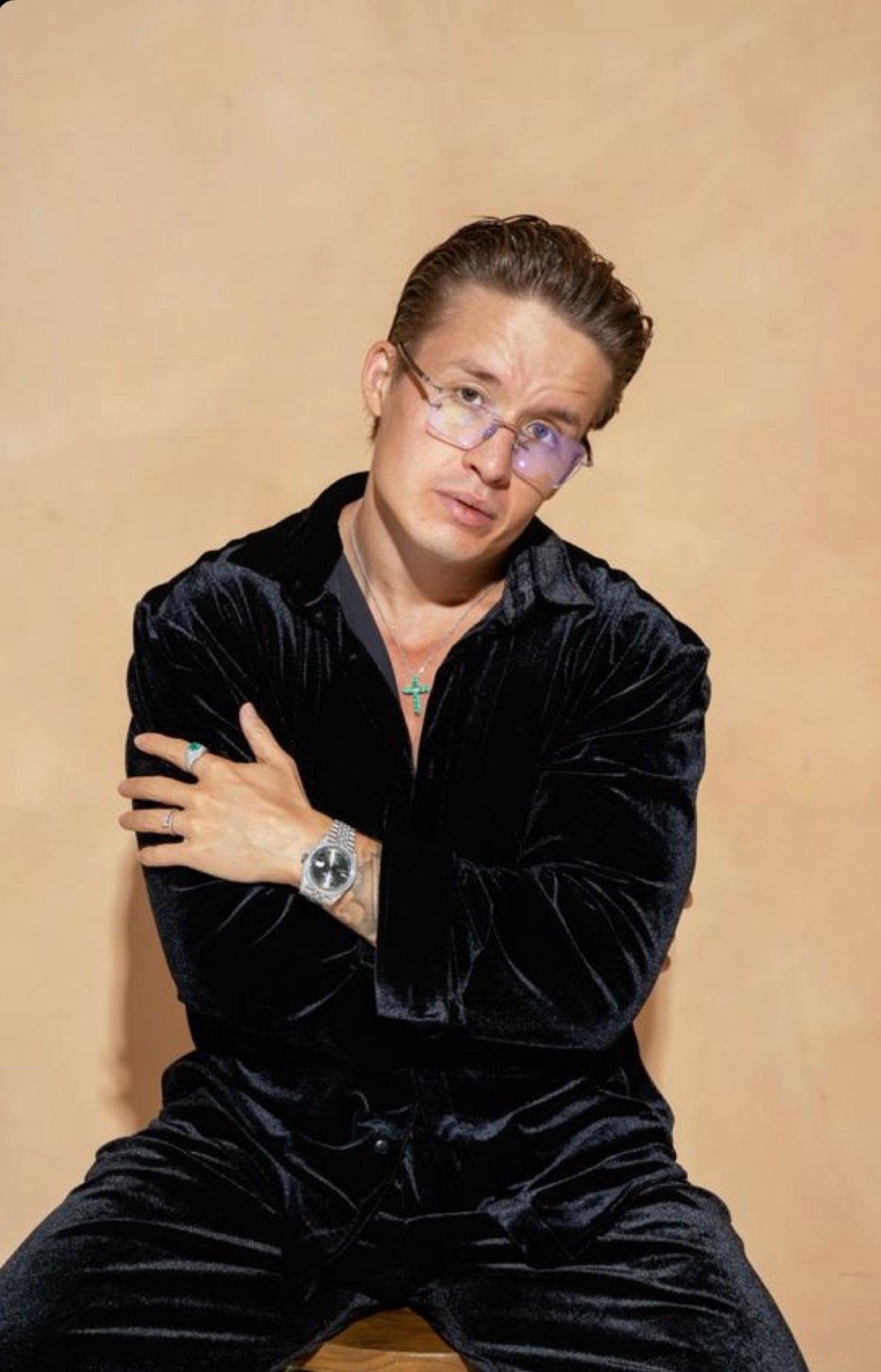 Italian Velvet Shirt & Trousers Co-ord Set for Men, Stretch Party Wear, Black