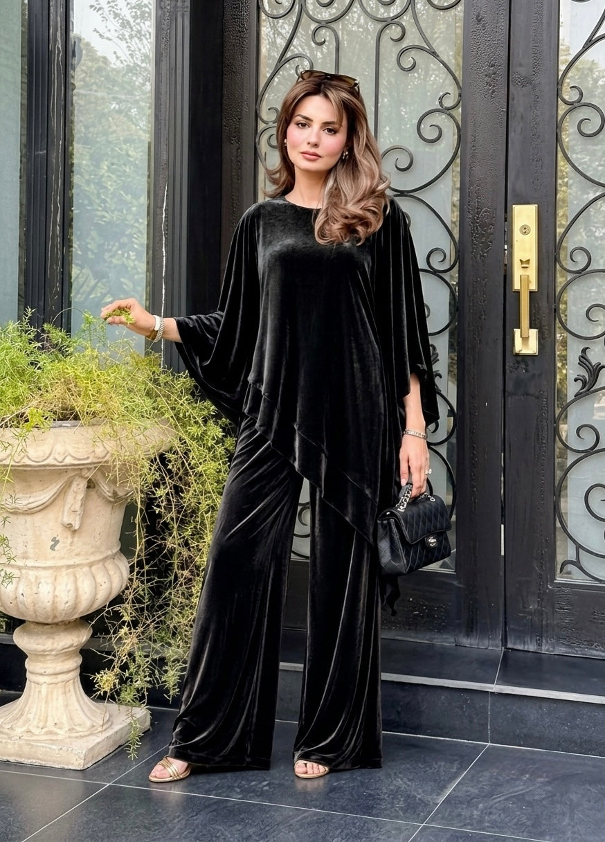 Italian Velvet Co-ord Set for Women: Asymmetric Top & Wide Leg Pants
