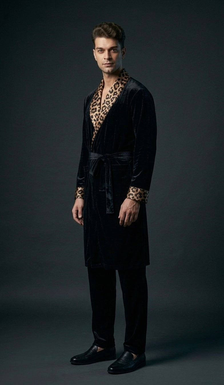 Noir Men's Velvet Dressing Gown, Satin Shawl Collar Luxury Robe