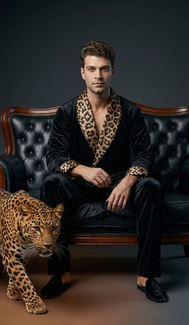 Noir Men's Velvet Dressing Gown, Satin Shawl Collar Luxury Robe