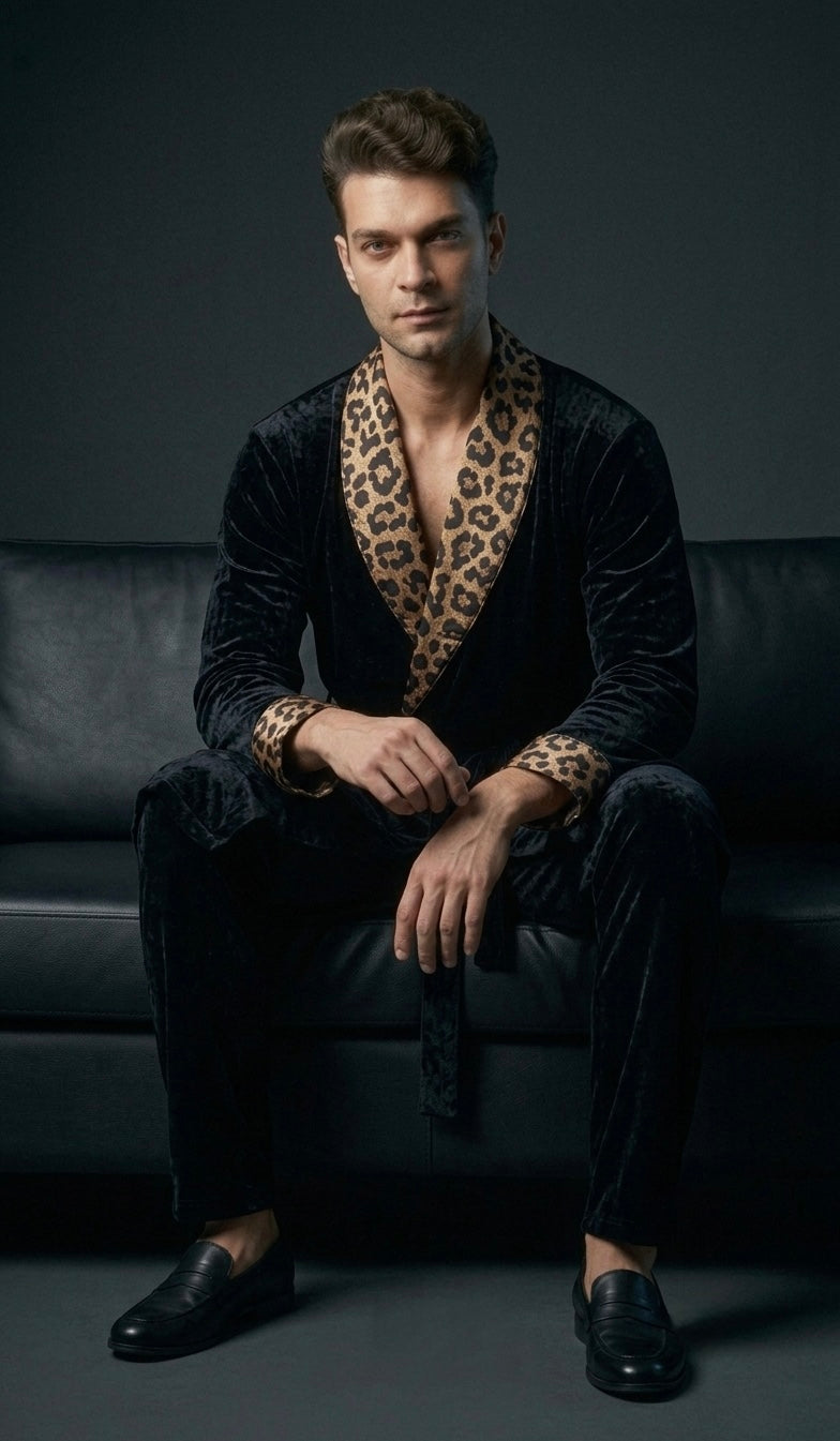 Noir Men's Velvet Dressing Gown, Satin Shawl Collar Luxury Robe