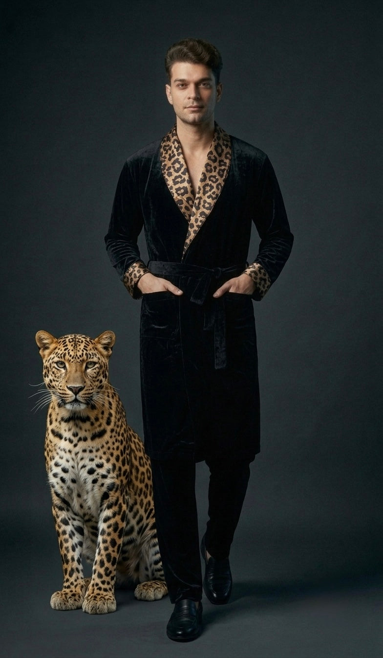 Noir Men's Velvet Dressing Gown, Satin Shawl Collar Luxury Robe