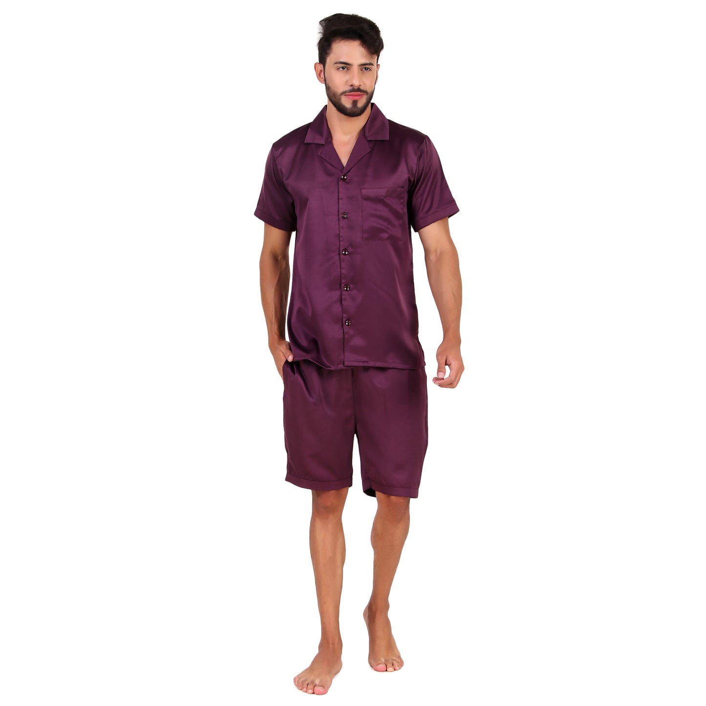 Half Sleeve Satin Co-ords (Purple) - Bella Babe by SK Nightsuit Nightdress Robes Silk Satin Nighty Gown Nightwear 