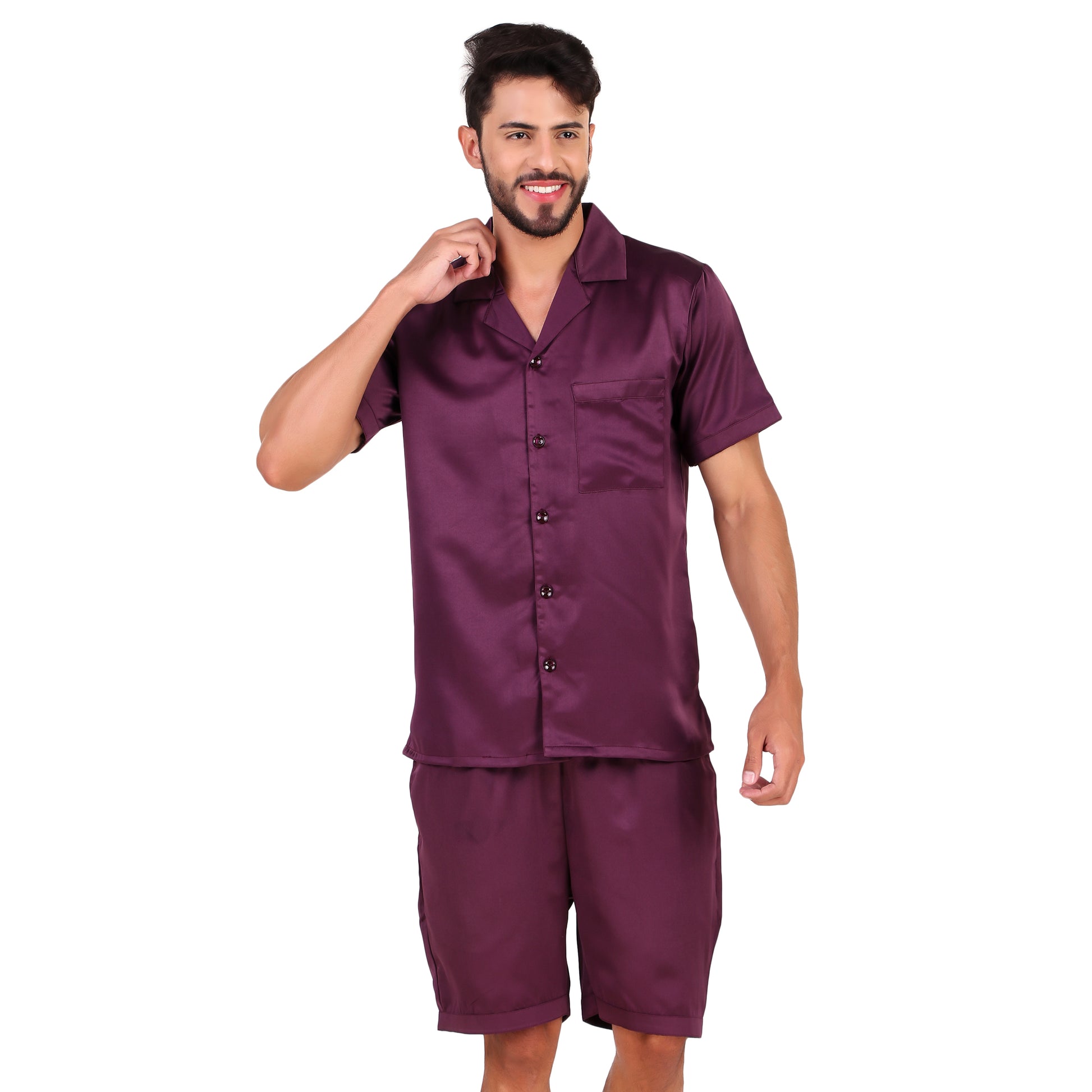 Half Sleeve Satin Co-ords (Purple) - Bella Babe by SK Nightsuit Nightdress Robes Silk Satin Nighty Gown Nightwear 