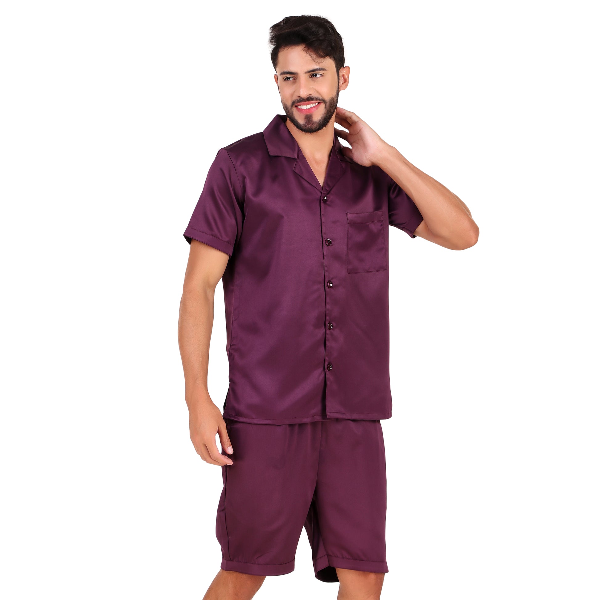 Half Sleeve Satin Co-ords (Purple) - Bella Babe by SK Nightsuit Nightdress Robes Silk Satin Nighty Gown Nightwear 