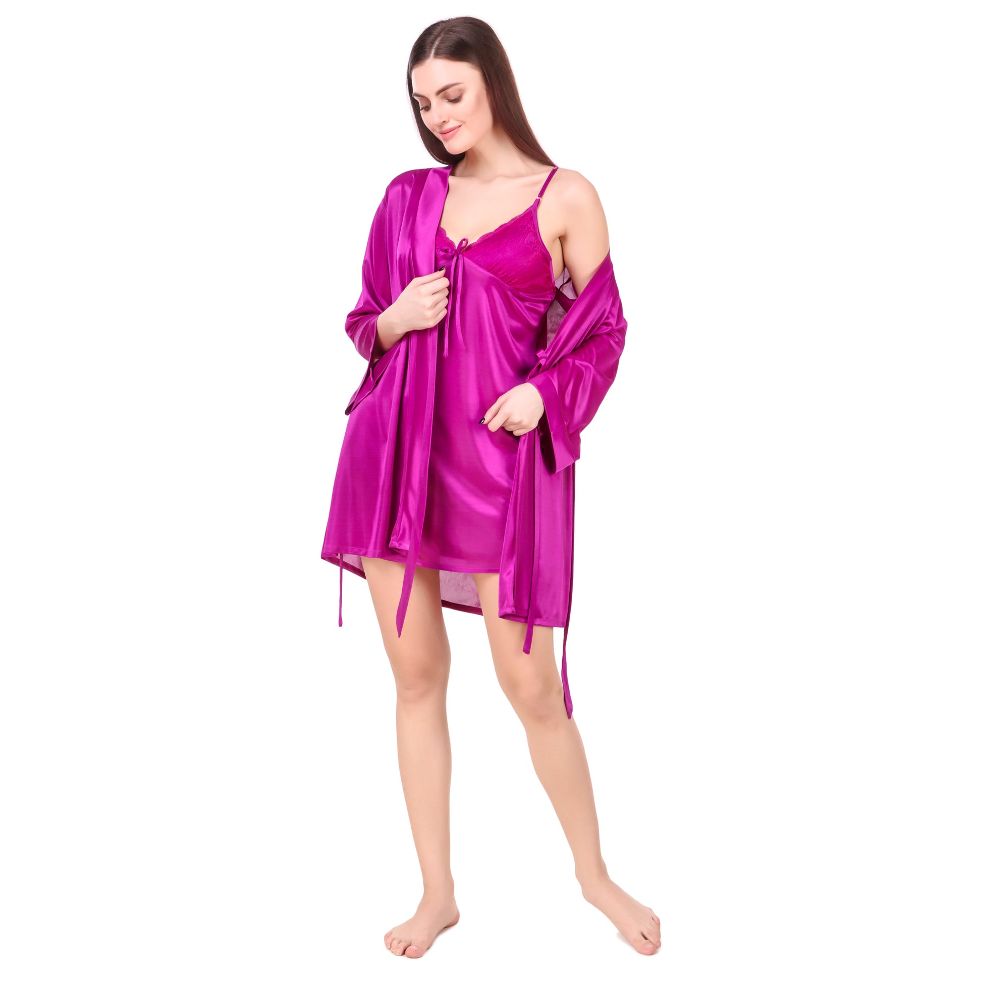 Babydoll Robe Set Hot Pink - Bella Babe by SK Nightsuit Nightdress Robes Silk Satin Nighty Gown Nightwear 