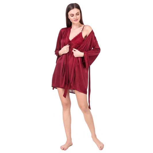 Babydoll Robe Set Wine - Bella Babe by SK Nightsuit Nightdress Robes Silk Satin Nighty Gown Nightwear 