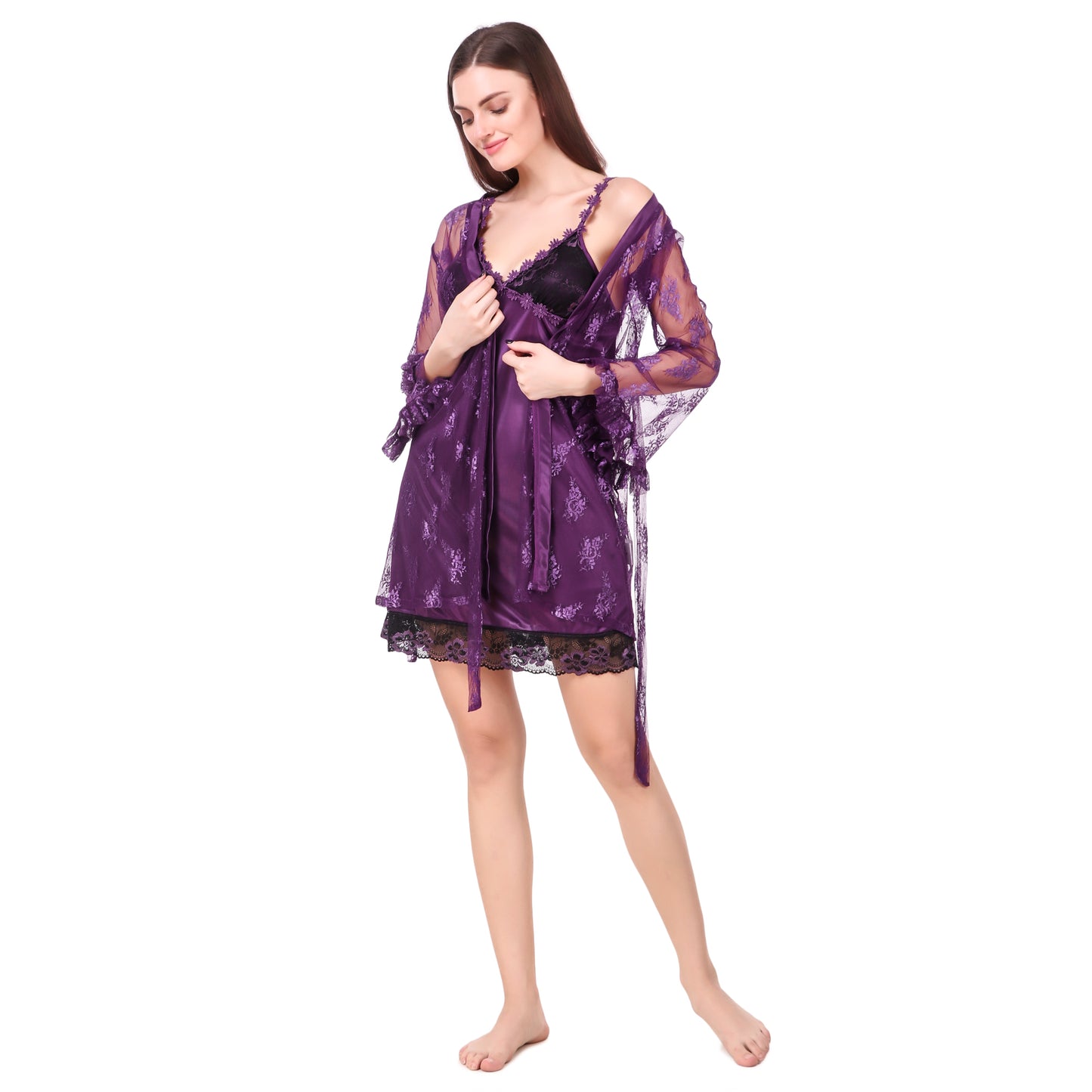 Purple Net Robe - Bella Babe by SK Nightsuit Nightdress Robes Silk Satin Nighty Gown Nightwear 