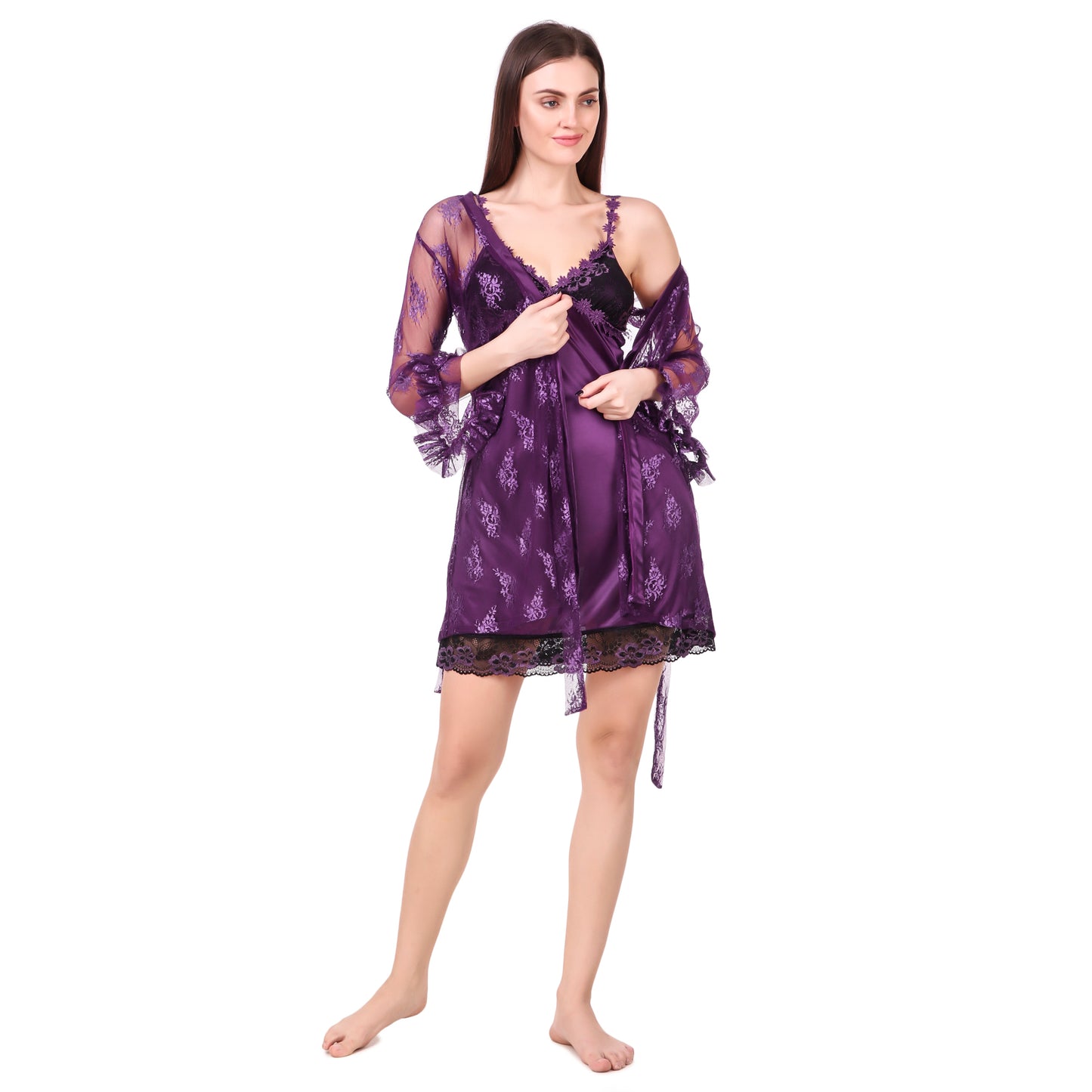 Purple Net Robe - Bella Babe by SK Nightsuit Nightdress Robes Silk Satin Nighty Gown Nightwear 