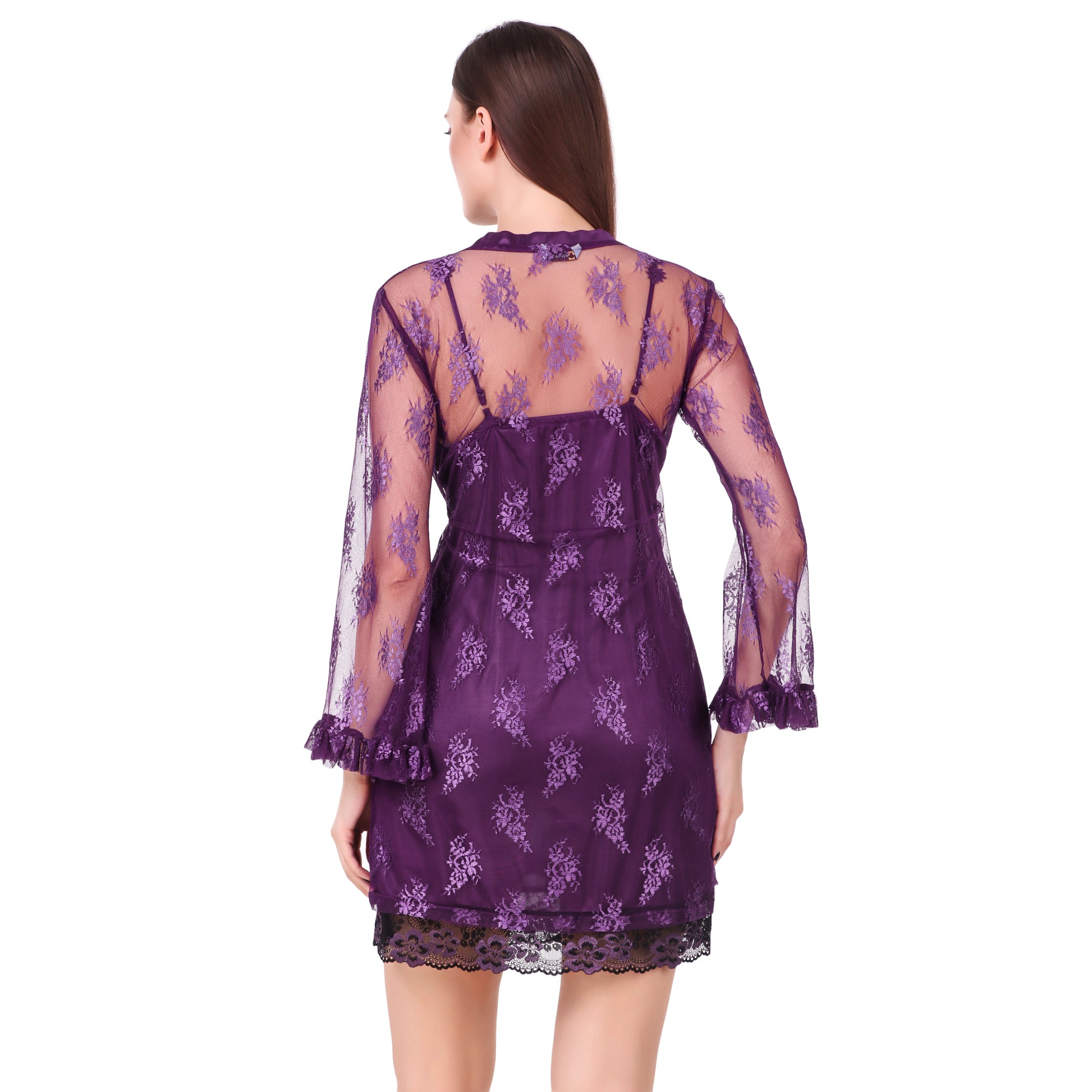 Purple Net Robe - Bella Babe by SK Nightsuit Nightdress Robes Silk Satin Nighty Gown Nightwear 