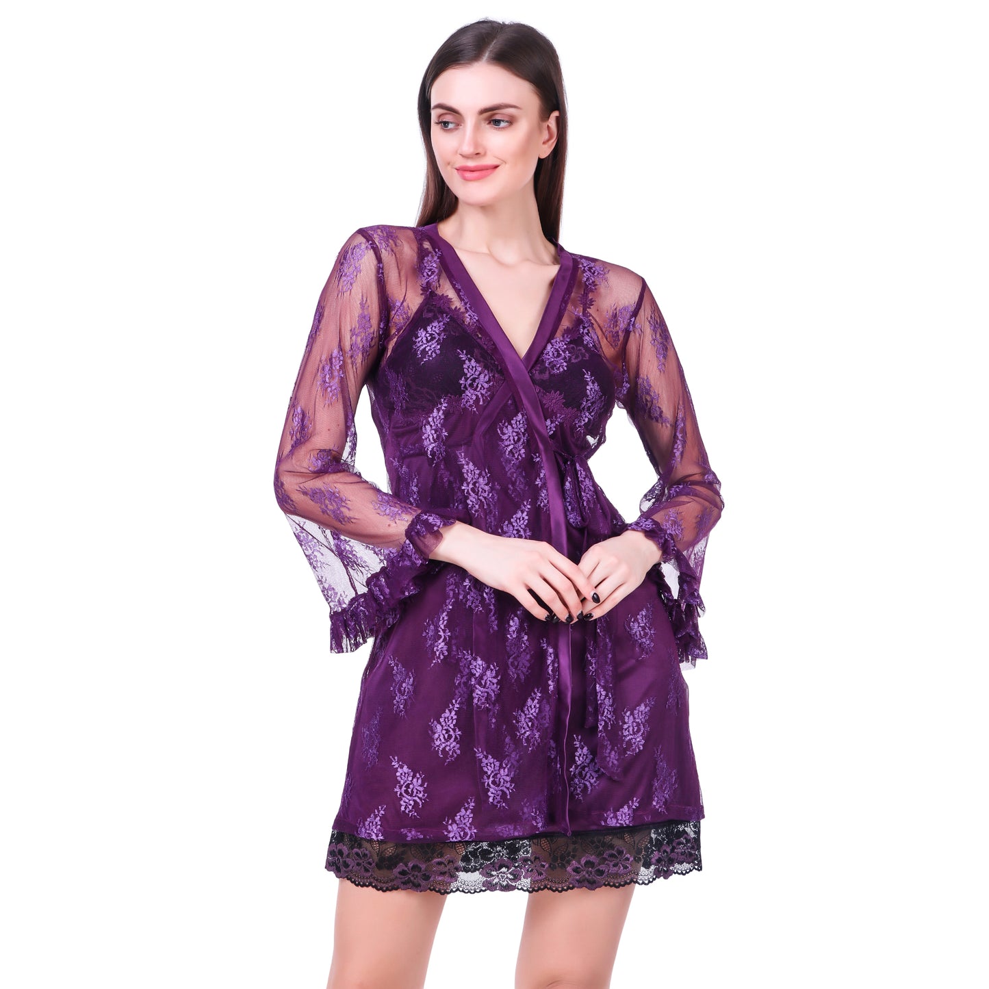 Purple Net Robe - Bella Babe by SK Nightsuit Nightdress Robes Silk Satin Nighty Gown Nightwear 