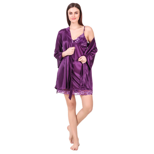 Babydoll Robe Set Purple - Bella Babe by SK Nightsuit Nightdress Robes Silk Satin Nighty Gown Nightwear 