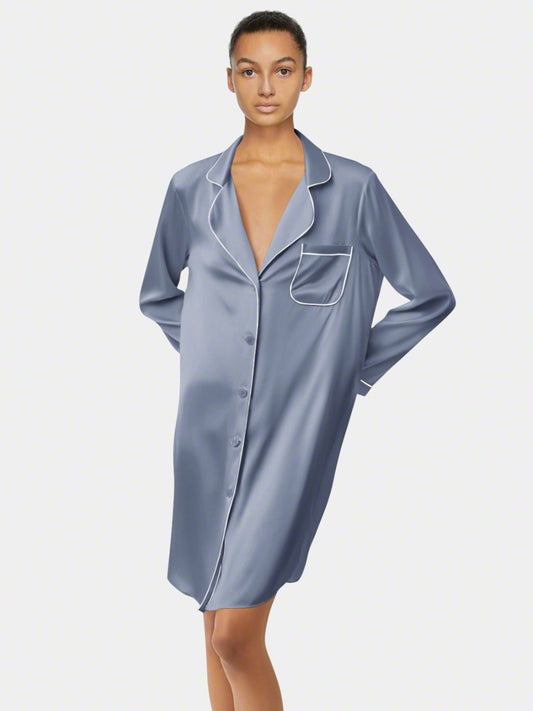 Nightshirt Modern Collar (Aqua) - Bella Babe by SK Nightsuit Nightdress Robes Silk Satin Nighty Gown Nightwear 