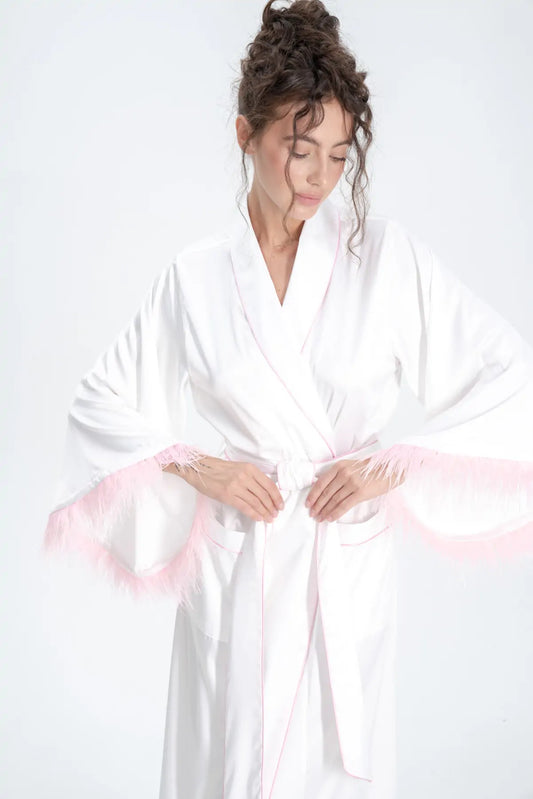 Long Silky Satin Feather Dressing Gown with Piping - Bella Babe by SK Nightsuit Nightdress Robes Silk Satin Nighty Gown Nightwear 