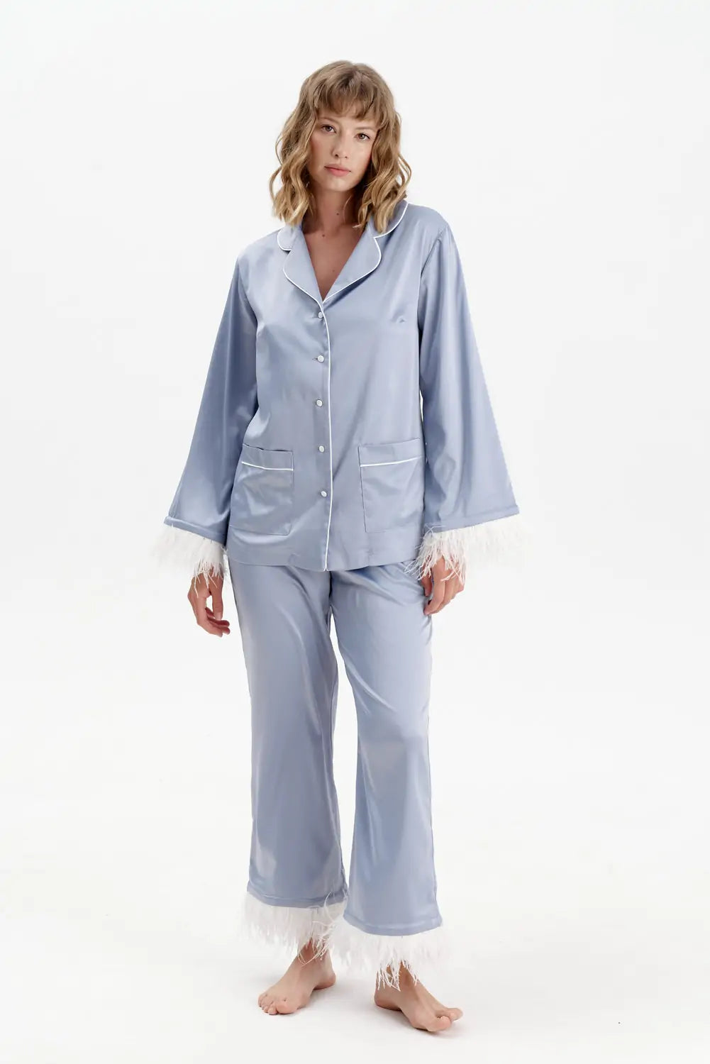 Silky Satin Feather Pyjamas with Piping - Bella Babe by SK Nightsuit Nightdress Robes Silk Satin Nighty Gown Nightwear 