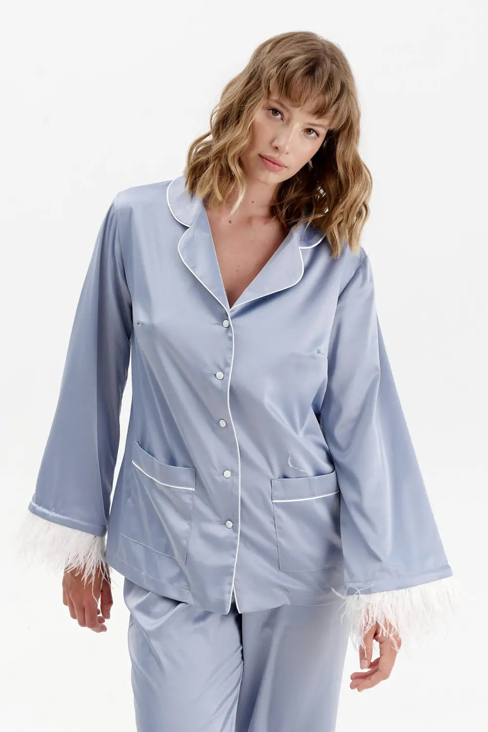 Silky Satin Feather Pyjamas with Piping - Bella Babe by SK Nightsuit Nightdress Robes Silk Satin Nighty Gown Nightwear 