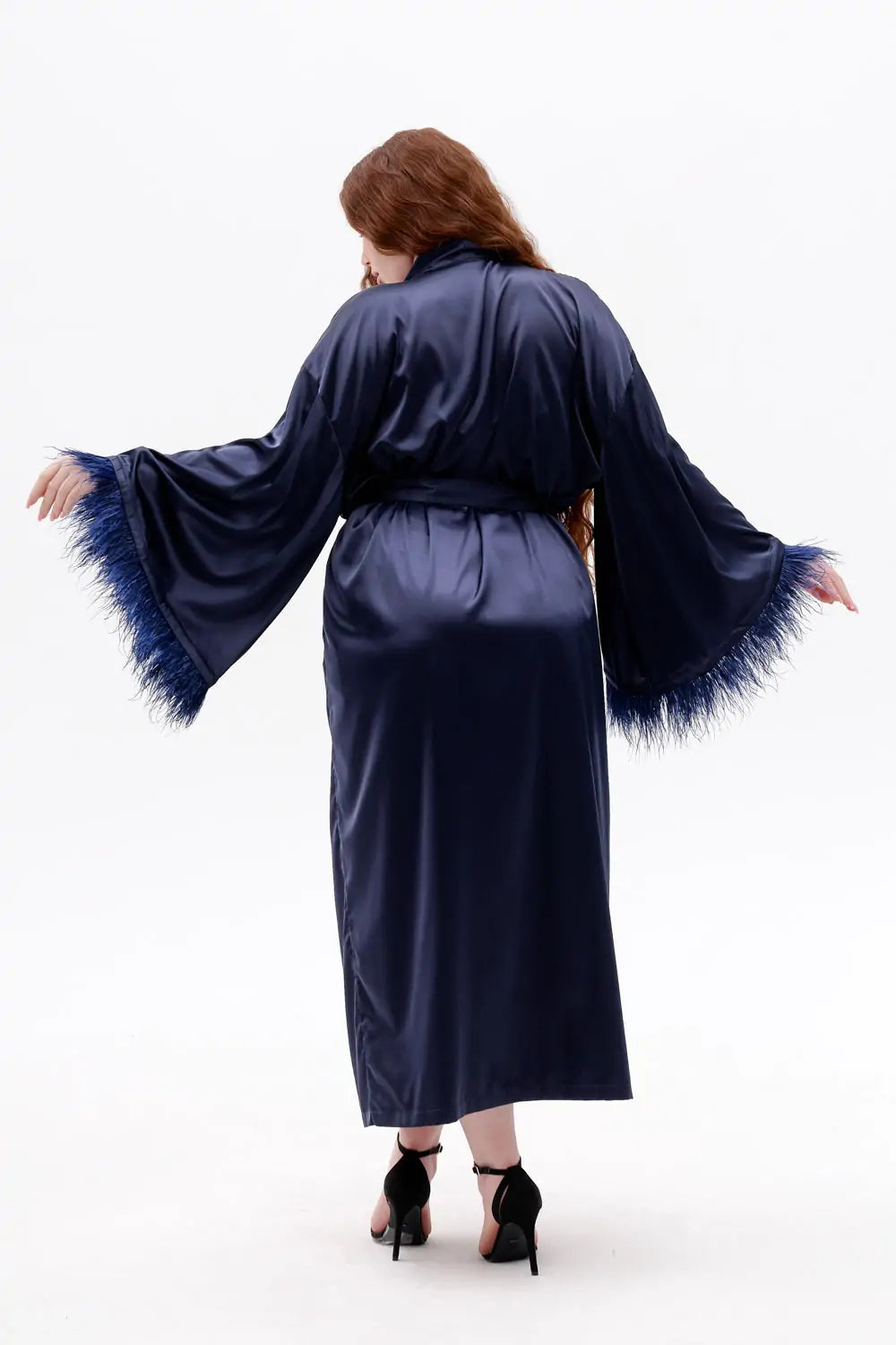 Long Silky Satin Feather Dressing Gown - Bella Babe by SK Nightsuit Nightdress Robes Silk Satin Nighty Gown Nightwear 