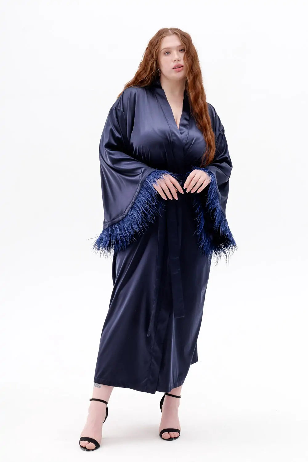 Long Silky Satin Feather Dressing Gown - Bella Babe by SK Nightsuit Nightdress Robes Silk Satin Nighty Gown Nightwear 