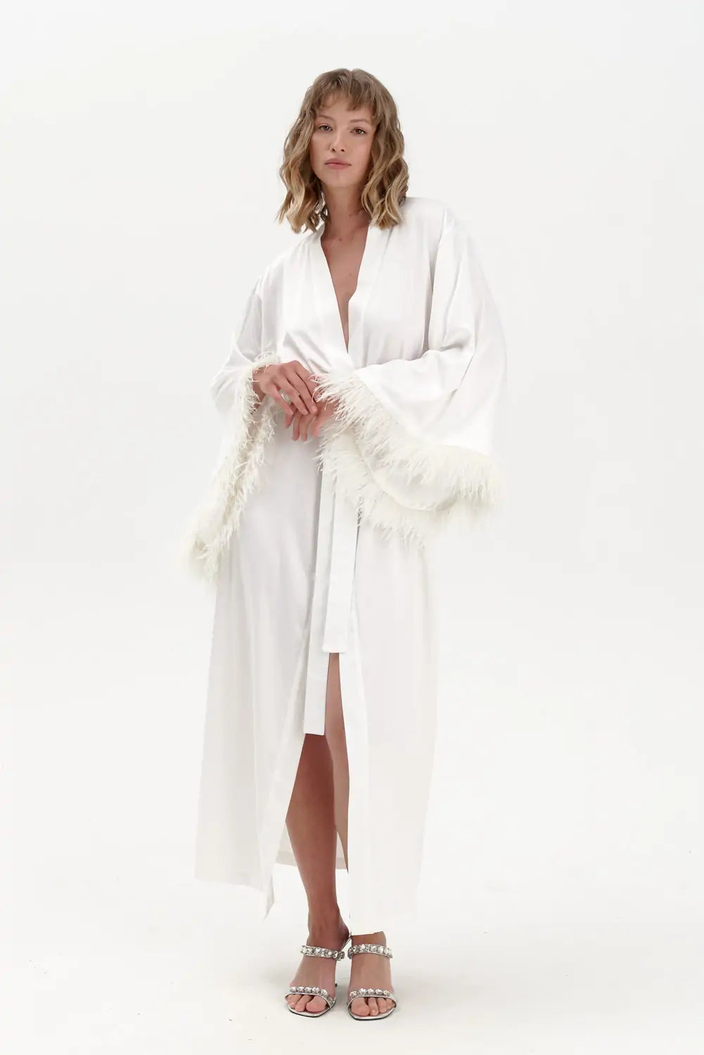 Long Silky Satin Feather Dressing Gown - Bella Babe by SK Nightsuit Nightdress Robes Silk Satin Nighty Gown Nightwear 