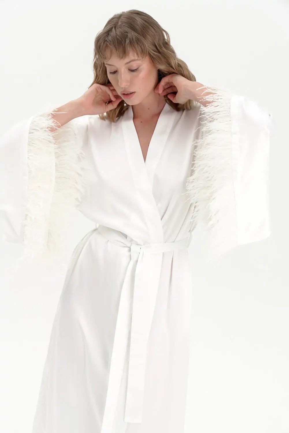 Long Silky Satin Feather Dressing Gown - Bella Babe by SK Nightsuit Nightdress Robes Silk Satin Nighty Gown Nightwear 