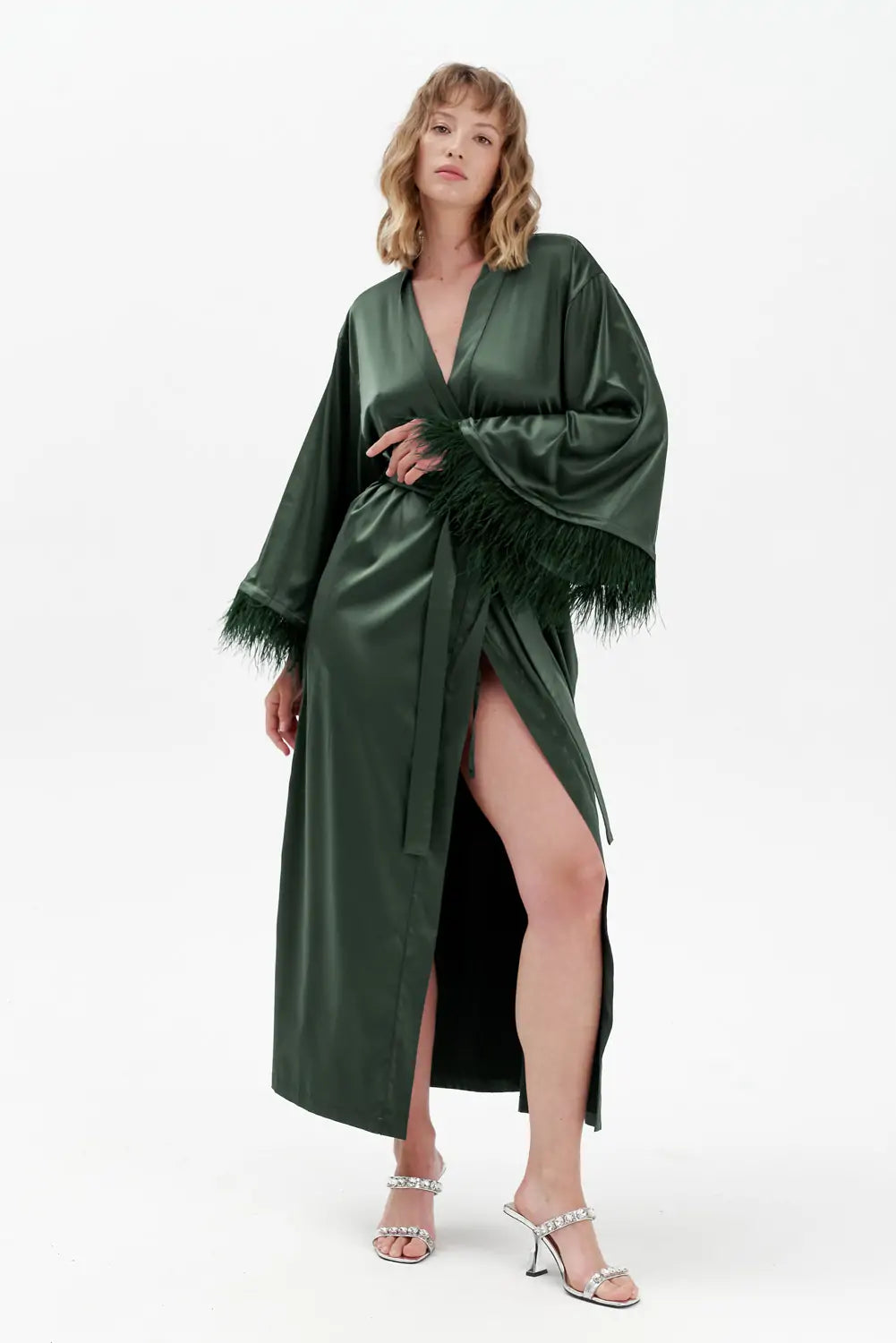 Long Silky Satin Feather Dressing Gown - Bella Babe by SK Nightsuit Nightdress Robes Silk Satin Nighty Gown Nightwear 