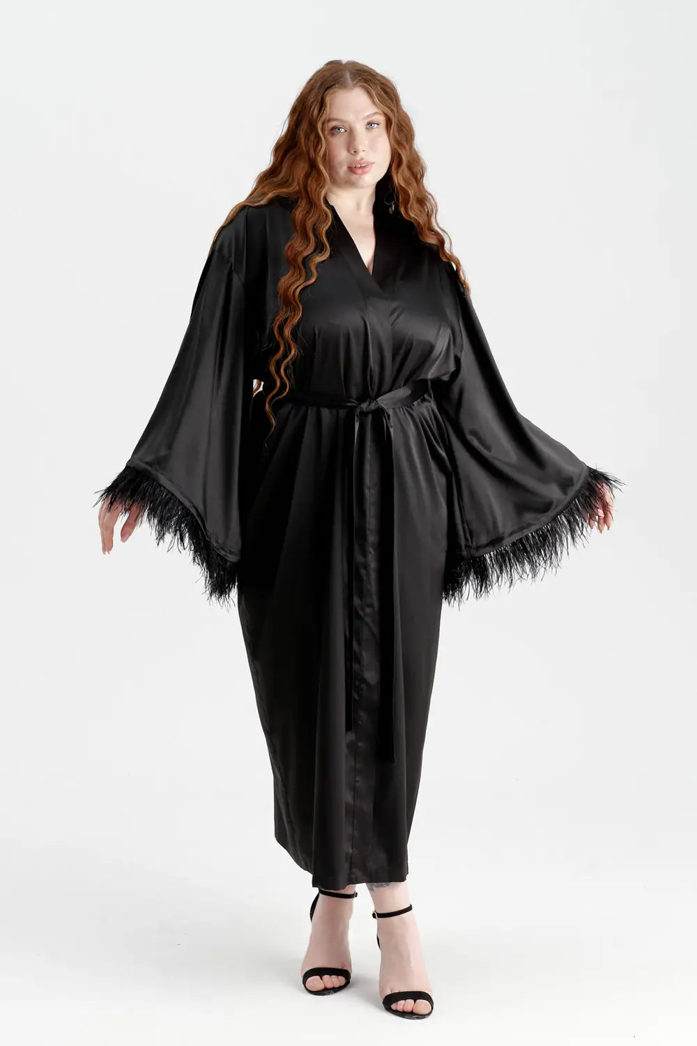 Long Silky Satin Feather Dressing Gown - Bella Babe by SK Nightsuit Nightdress Robes Silk Satin Nighty Gown Nightwear 