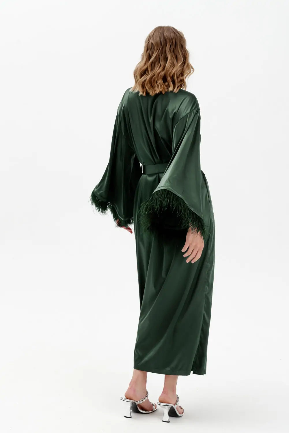 Long Silky Satin Feather Dressing Gown - Bella Babe by SK Nightsuit Nightdress Robes Silk Satin Nighty Gown Nightwear 