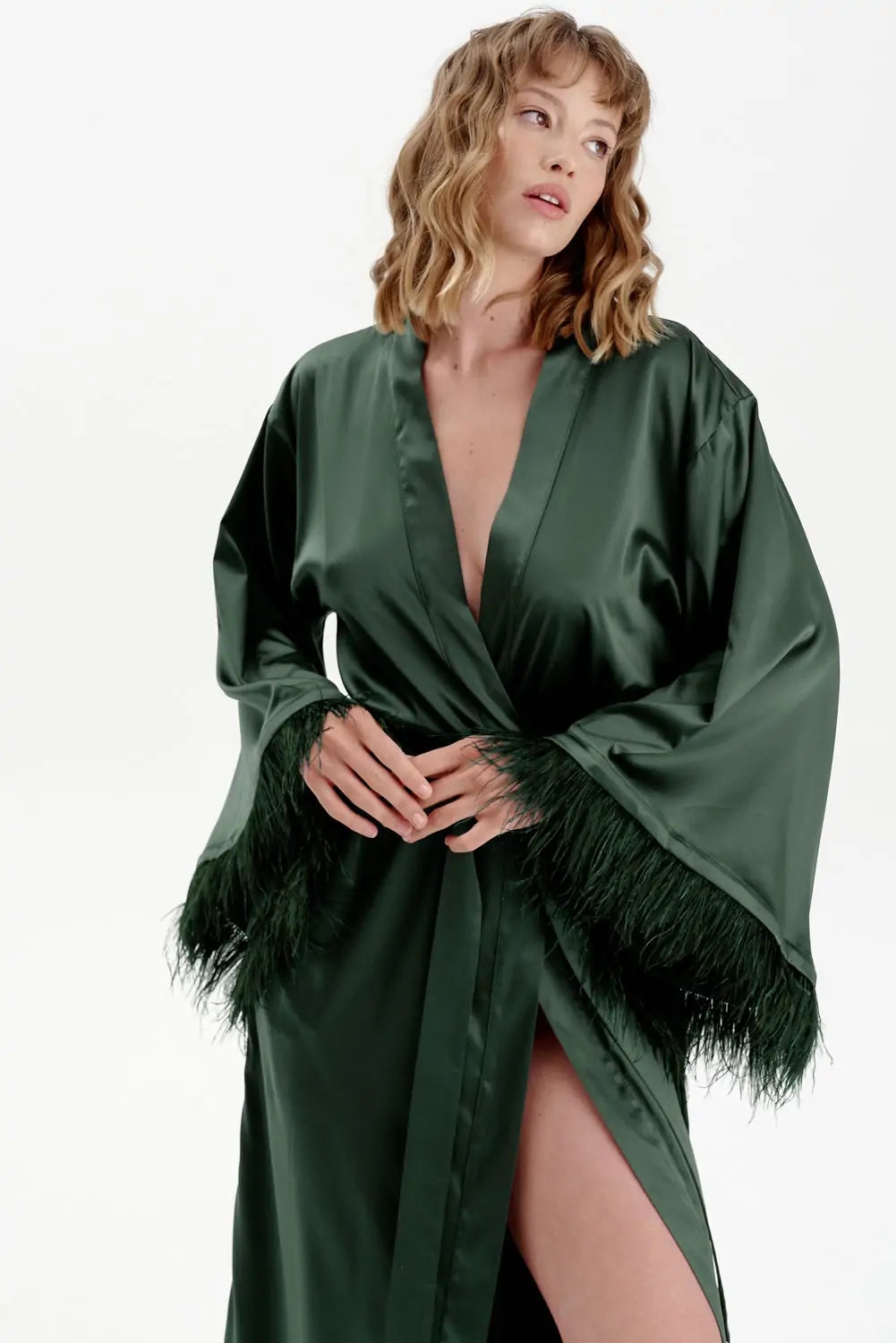 Long Silky Satin Feather Dressing Gown - Bella Babe by SK Nightsuit Nightdress Robes Silk Satin Nighty Gown Nightwear 