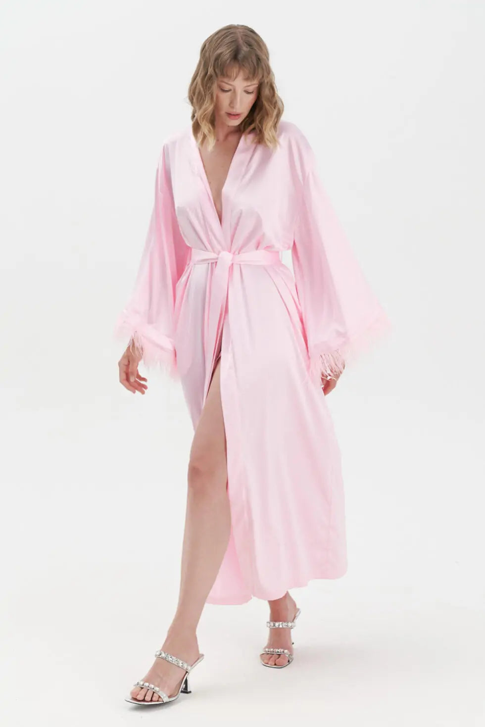 Long Silky Satin Feather Dressing Gown - Bella Babe by SK Nightsuit Nightdress Robes Silk Satin Nighty Gown Nightwear 