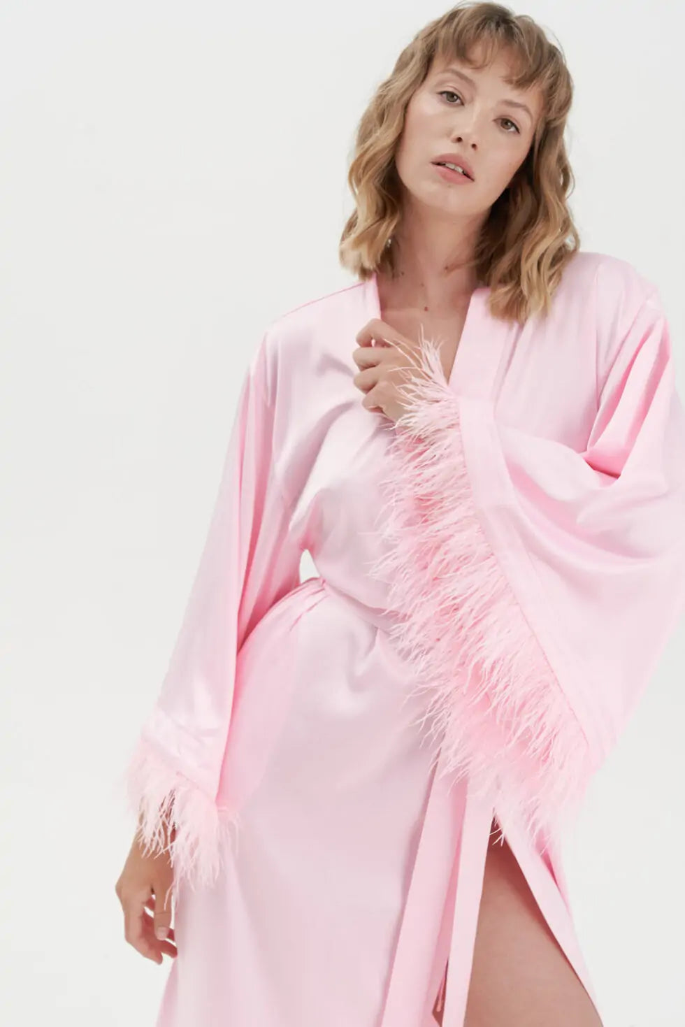 Long Silky Satin Feather Dressing Gown - Bella Babe by SK Nightsuit Nightdress Robes Silk Satin Nighty Gown Nightwear 