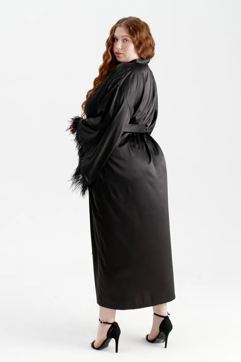 Long Silky Satin Feather Dressing Gown - Bella Babe by SK Nightsuit Nightdress Robes Silk Satin Nighty Gown Nightwear 