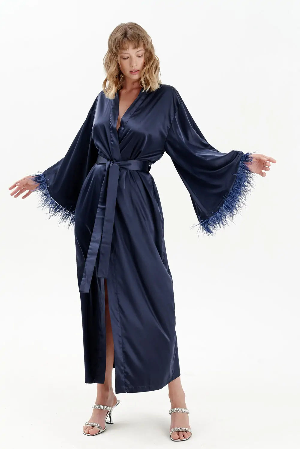 Long Silky Satin Feather Dressing Gown - Bella Babe by SK Nightsuit Nightdress Robes Silk Satin Nighty Gown Nightwear 