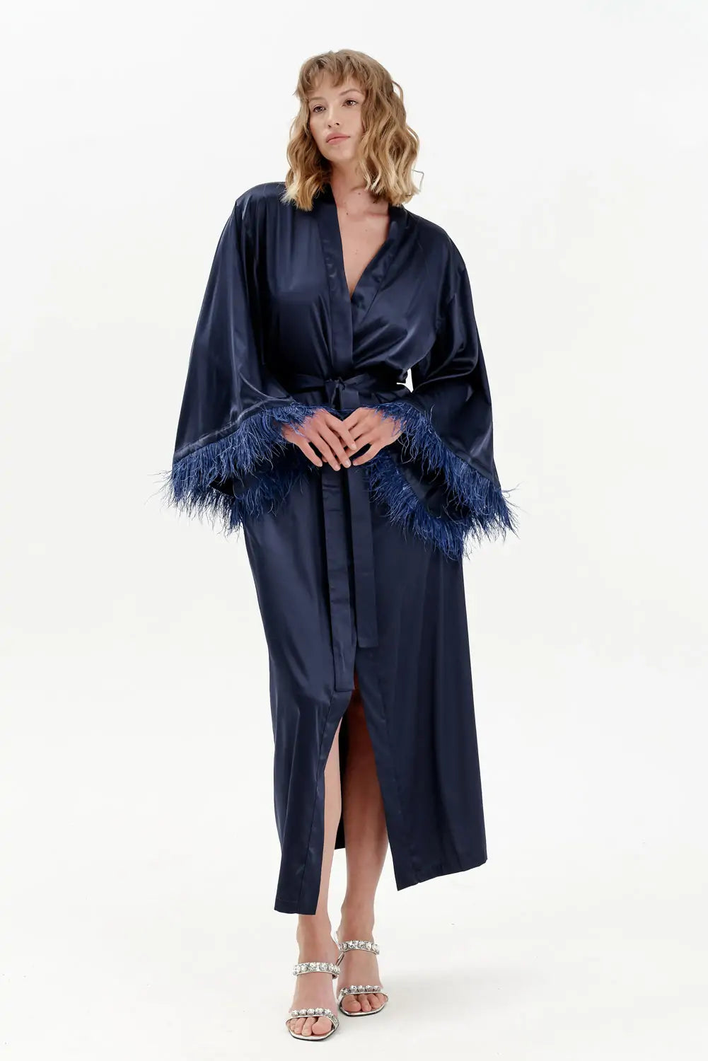 Long Silky Satin Feather Dressing Gown - Bella Babe by SK Nightsuit Nightdress Robes Silk Satin Nighty Gown Nightwear 