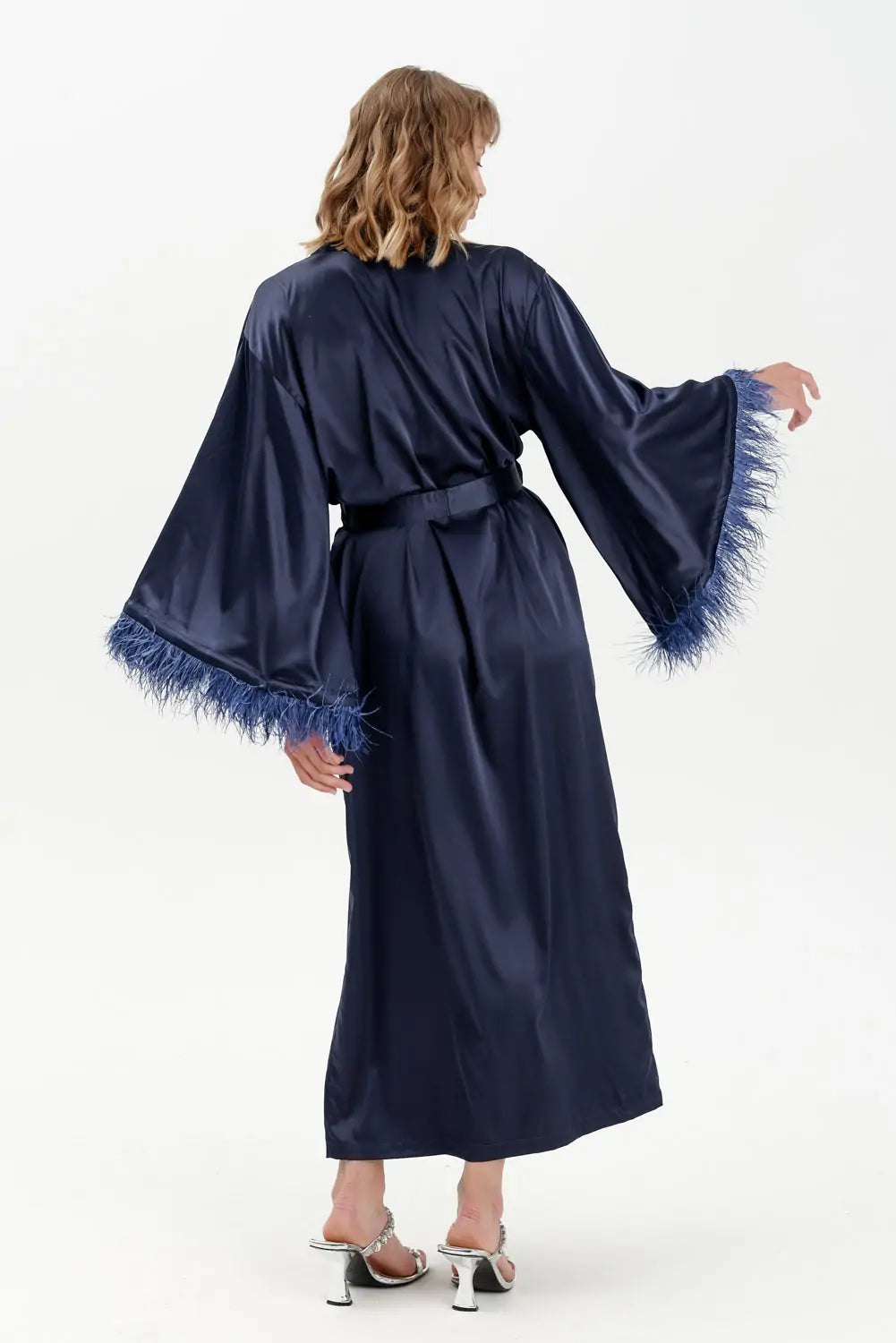 Long Silky Satin Feather Dressing Gown - Bella Babe by SK Nightsuit Nightdress Robes Silk Satin Nighty Gown Nightwear 