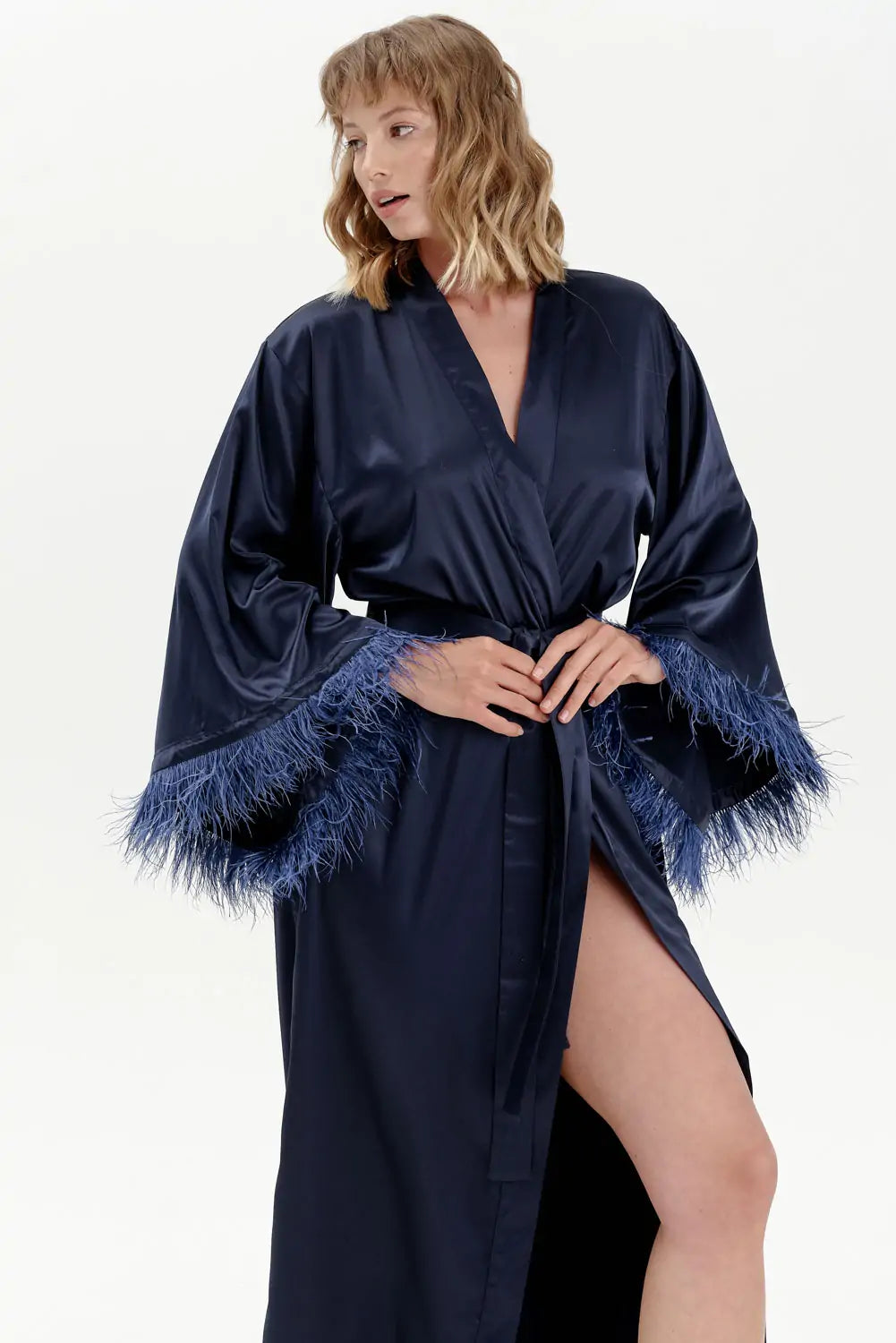 Long Silky Satin Feather Dressing Gown - Bella Babe by SK Nightsuit Nightdress Robes Silk Satin Nighty Gown Nightwear 