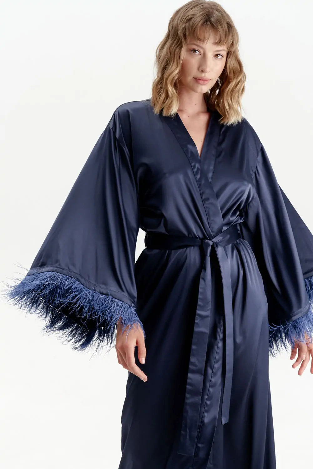 Long Silky Satin Feather Dressing Gown - Bella Babe by SK Nightsuit Nightdress Robes Silk Satin Nighty Gown Nightwear 