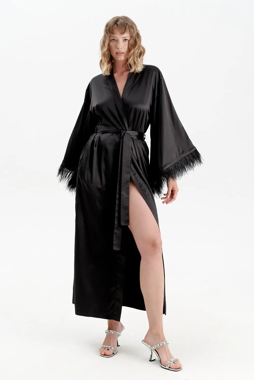 Long Silky Satin Feather Dressing Gown - Bella Babe by SK Nightsuit Nightdress Robes Silk Satin Nighty Gown Nightwear 