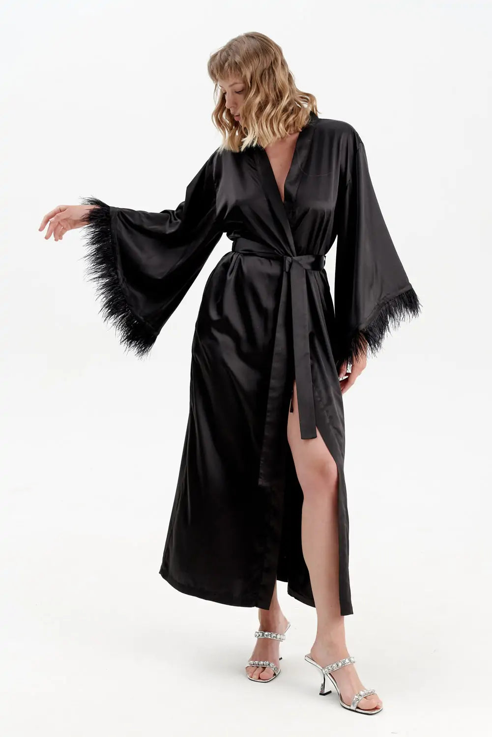 Long Silky Satin Feather Dressing Gown - Bella Babe by SK Nightsuit Nightdress Robes Silk Satin Nighty Gown Nightwear 