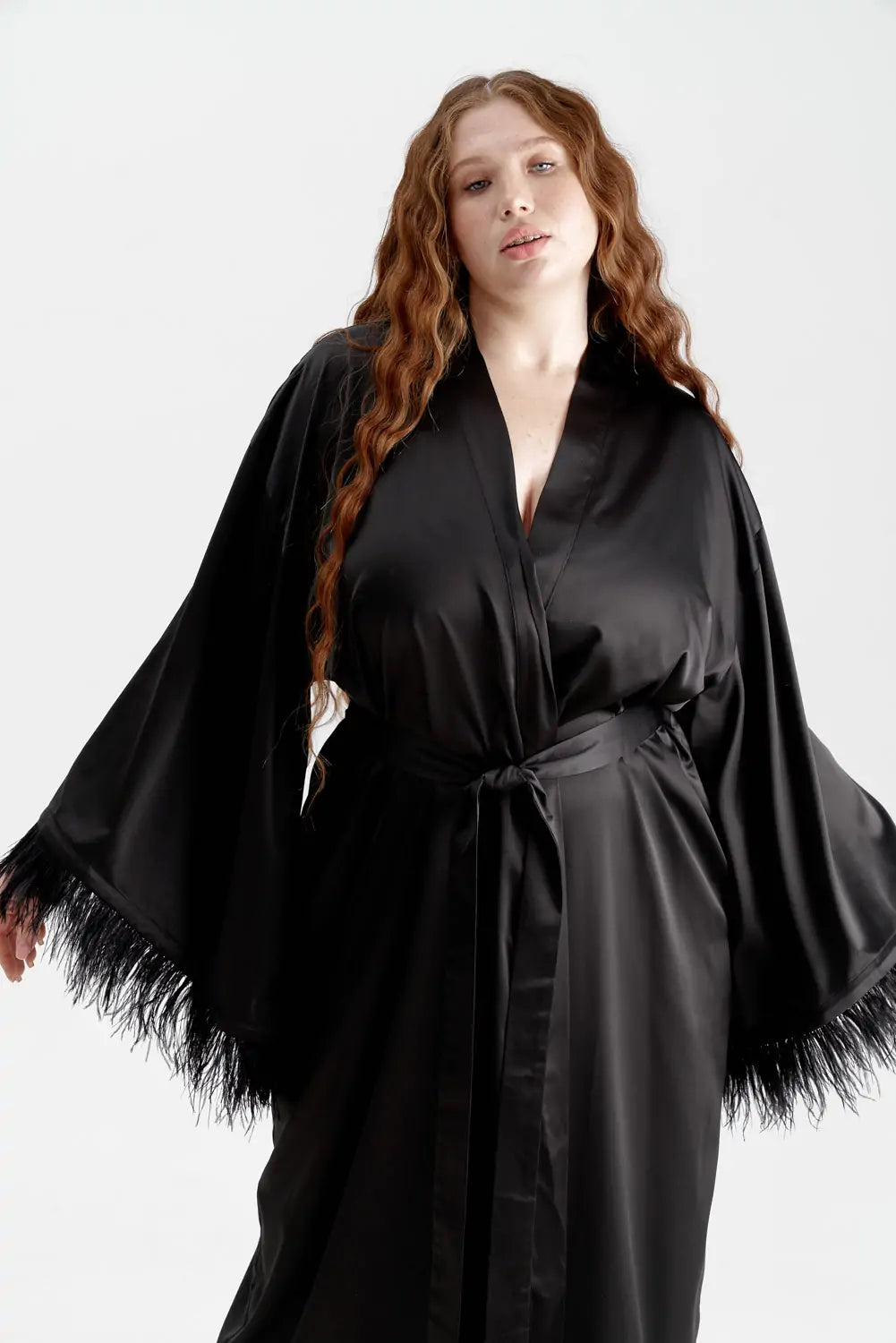 Long Silky Satin Feather Dressing Gown - Bella Babe by SK Nightsuit Nightdress Robes Silk Satin Nighty Gown Nightwear 