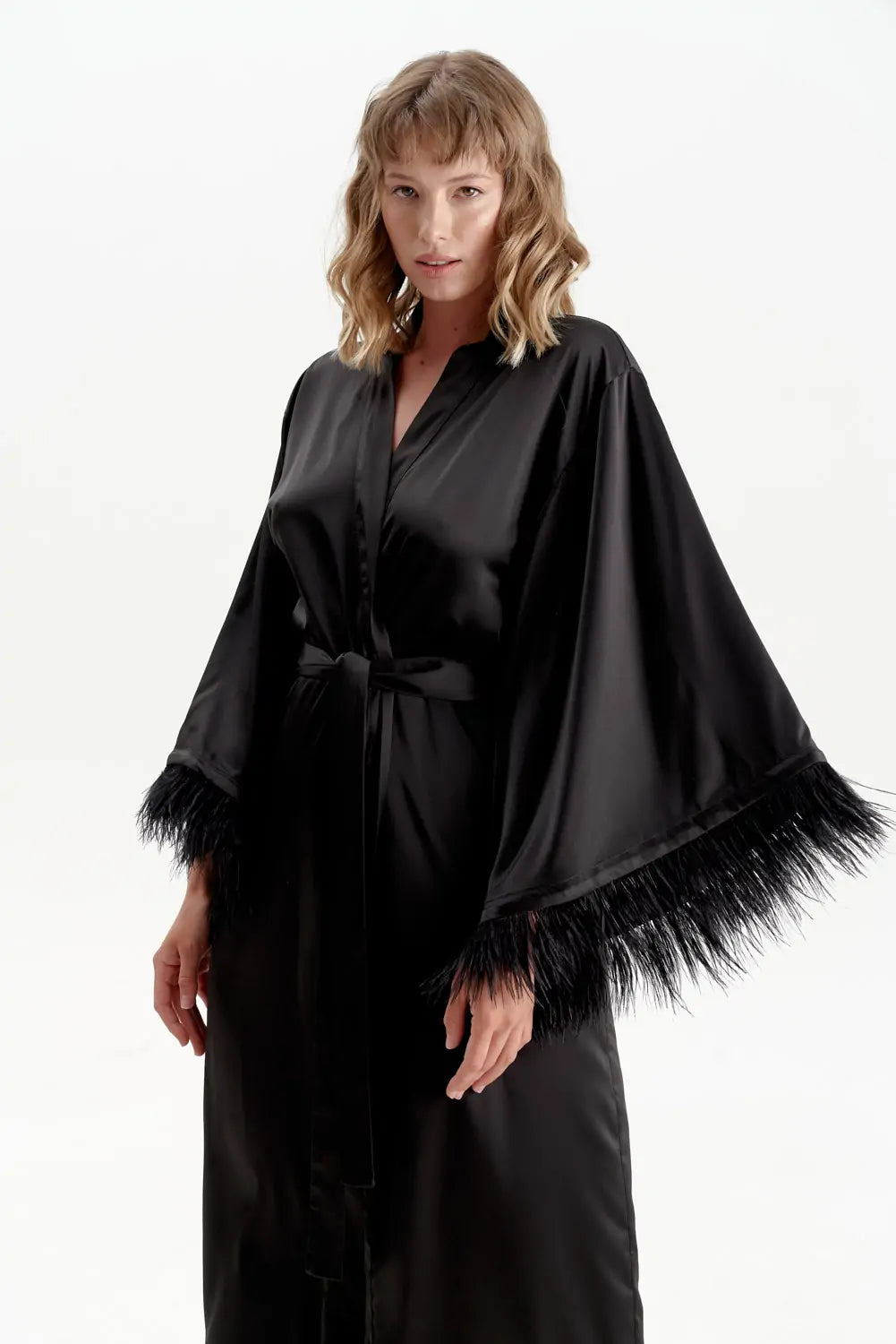 Long Silky Satin Feather Dressing Gown - Bella Babe by SK Nightsuit Nightdress Robes Silk Satin Nighty Gown Nightwear 