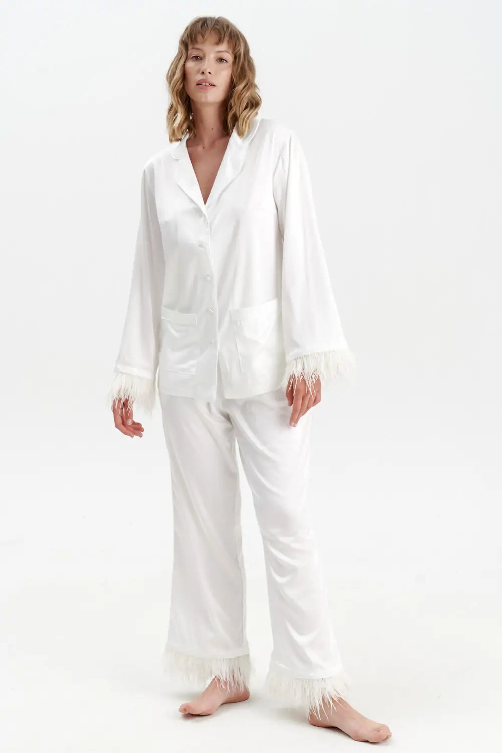 Silky Satin Feather Pyjamas with Piping - Bella Babe by SK Nightsuit Nightdress Robes Silk Satin Nighty Gown Nightwear 